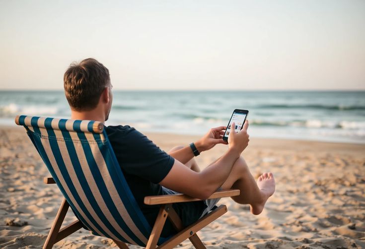 Persona mirando el móvil en la playa comparando su verano con redes sociales en vacaciones